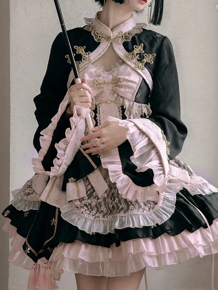 Black and Pink Corset Waist Qi Lolita Dress with Big Bow
