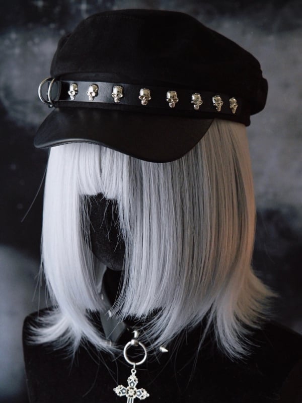Verzierte Gothic Black Design Schnalle Hut Skelett Baskenmütze