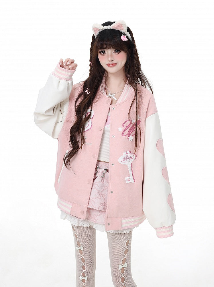 Veste de baseball Yume Kawaii rose/bleu avec appliques clés