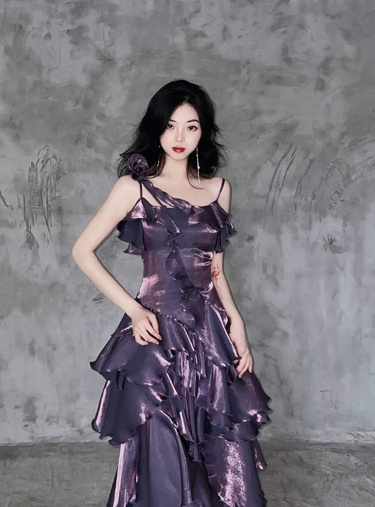 Dark Purple Asymmetrical Layered Flounce Spaghetti Strap Prom Dress Evening Gown