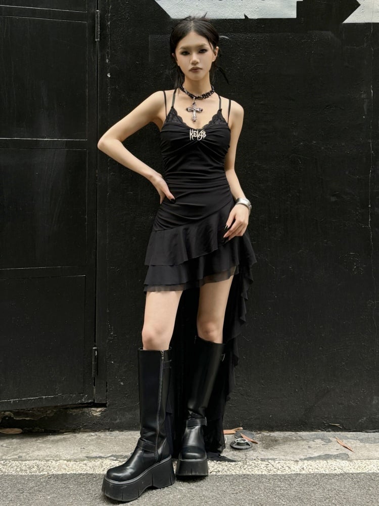 Schwarzes Punkrock-Sommerkleid mit Spaghettiträgern