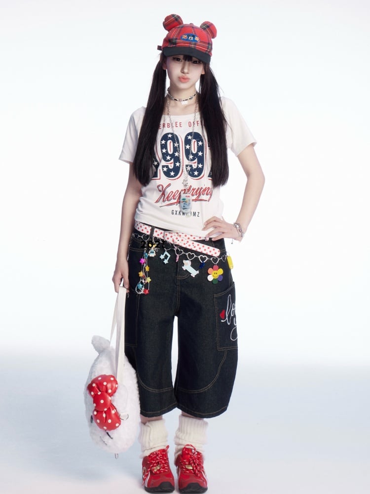 Waist Heart Embroidery Wide-leg Cargo Jeans Black Low