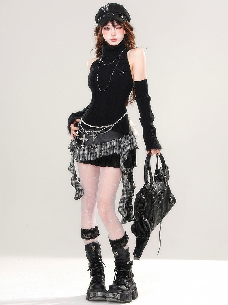 取り外し可能な袖が付いたブラックタートルネックノースリーブスリムフィットセーター