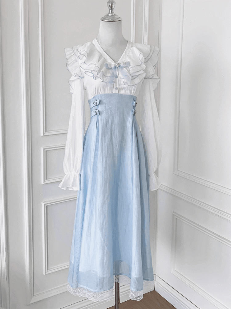 Blue Neckline Cutout Shoulder Dress Tiered Bowtie Flounce Jirai Kei Light Hem with