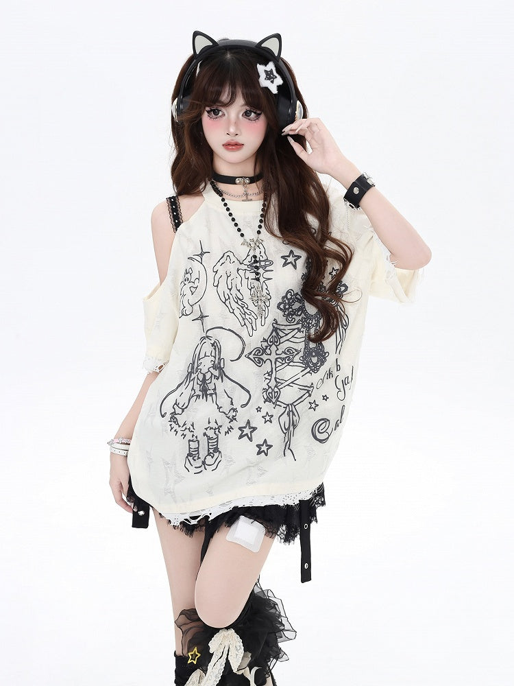 Black/Beige Cutout Shoulder Graffiti Bittersweet T-Shirt Angel Lucky