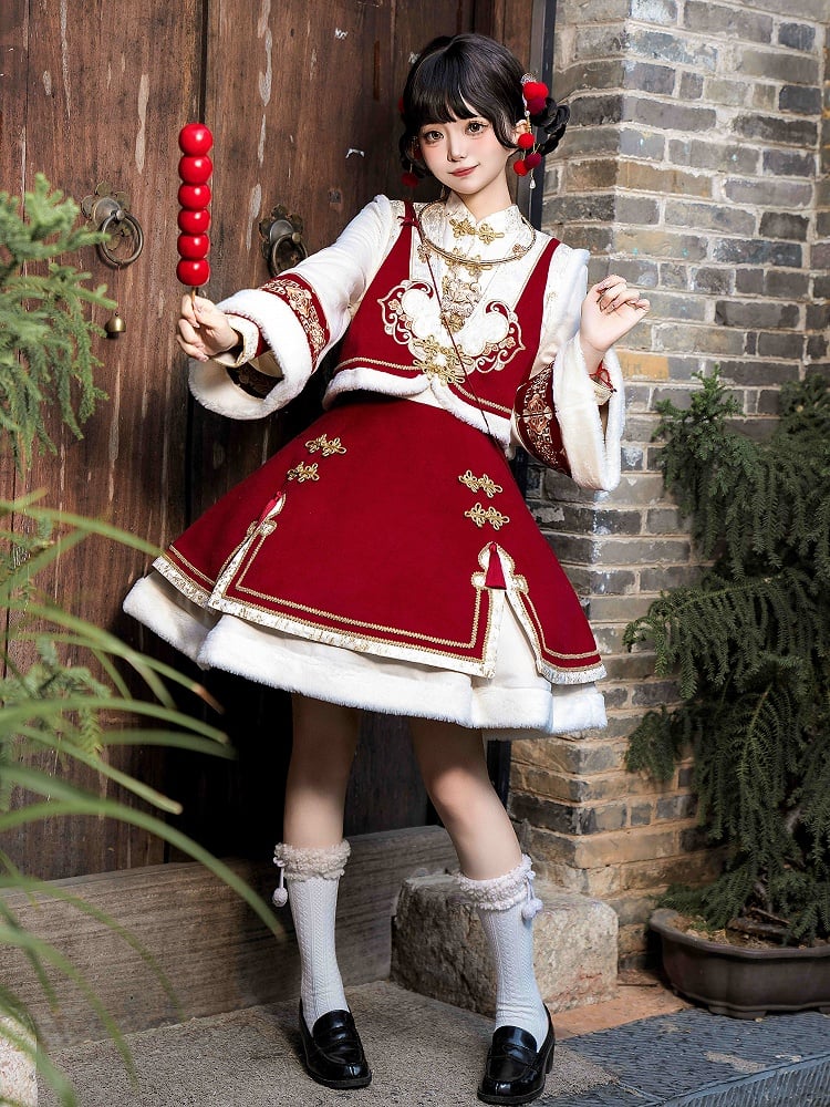 Red New Year Knot Buttons Banded Collar Lolita Dress Vest Tassels Crossbody Bag Full Set