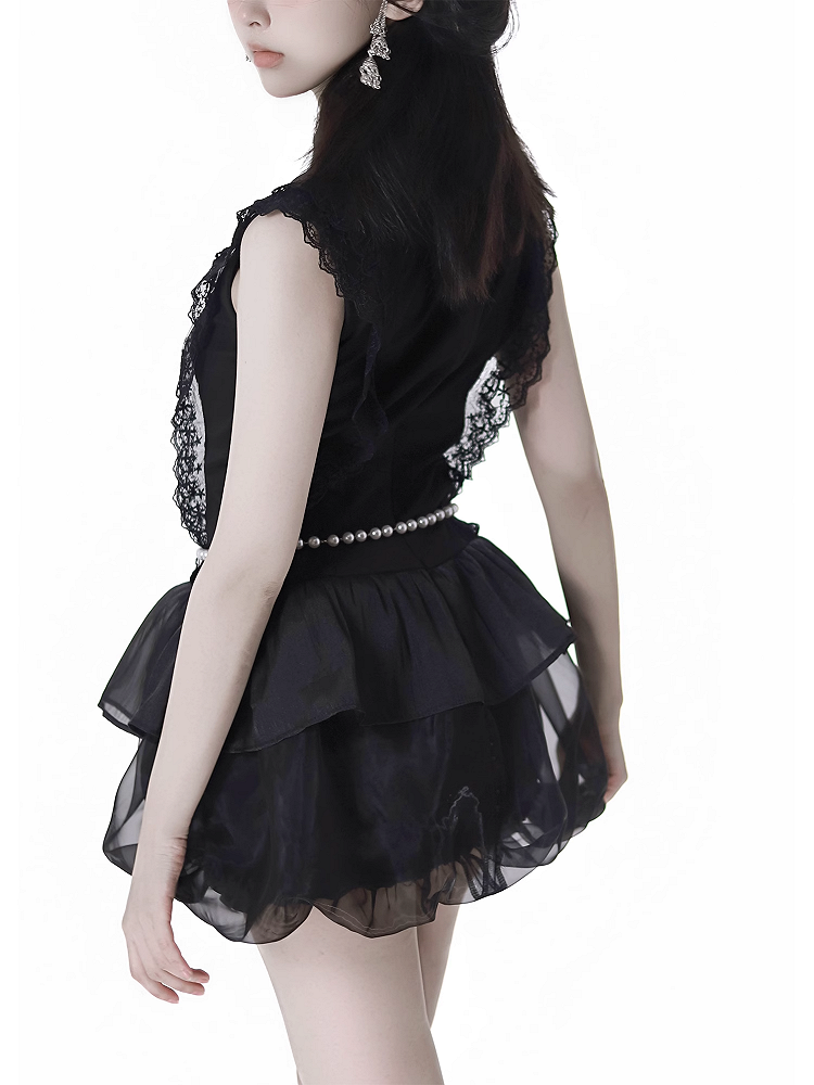 Skirt with Black Cheongsam Style Banded Collar Mini Dress Chain Waist Beaded Bubble