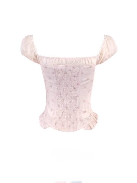 Pink Ruffled With Puff Floral Hem Top Two-Piece Corset Sleeves Faux Peplum