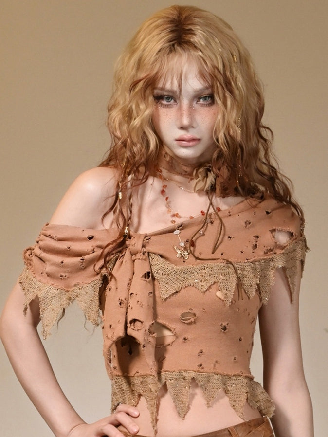 Punk Asymmetrical Brown Light Top Wasteland Holes Neckline Distressed