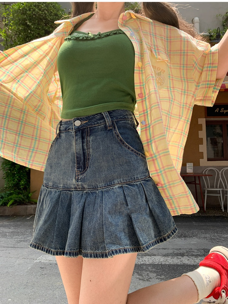 Plaid Shirt Set Green Faux Two-Pieces Cami Top with Yellow