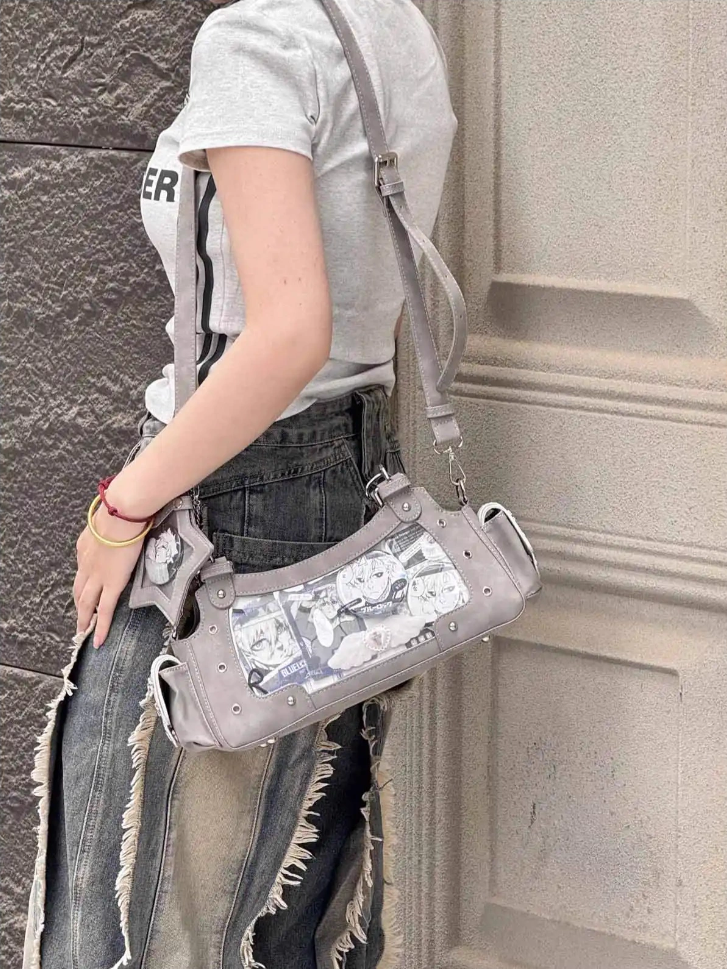 Graue Y2K Ita Star Schultertasche aus PU mit Charm