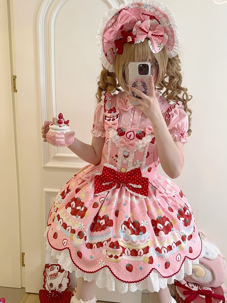 and Sweet Dessert Overall Pink Lolita Strawberry Dress Print