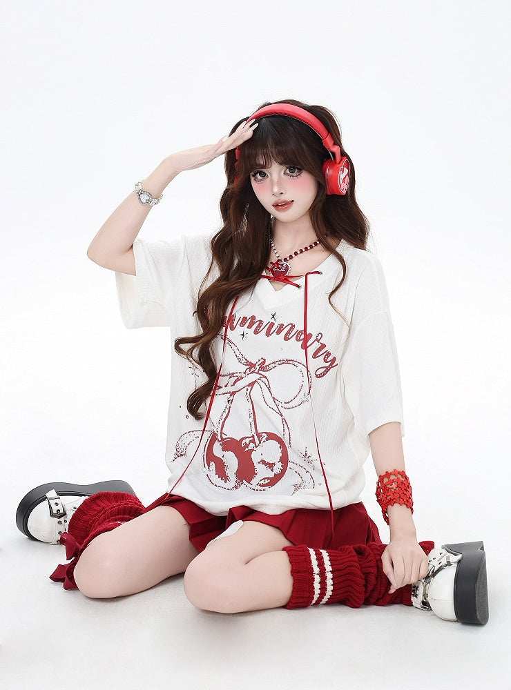 Print T-Shirt with V-Neck Lace-up Neckline Black/White Cherry Detail