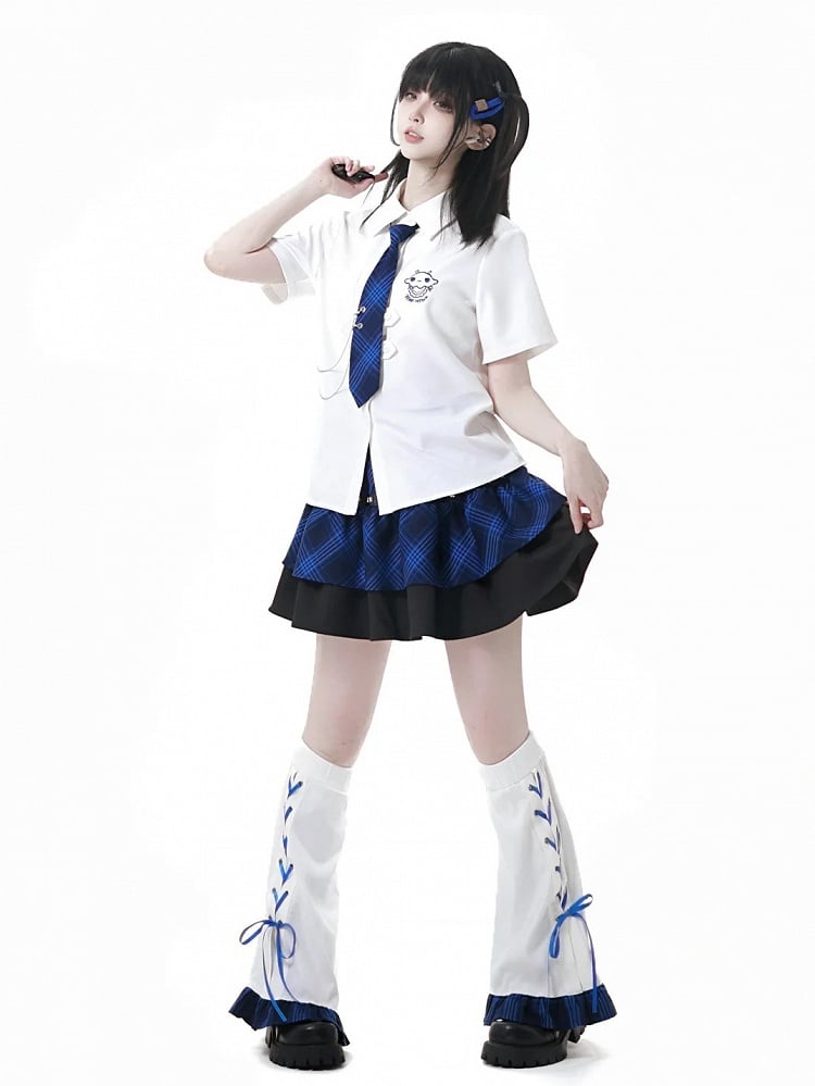Tiered Skirt Stud Details Black and Blue Plaid Star