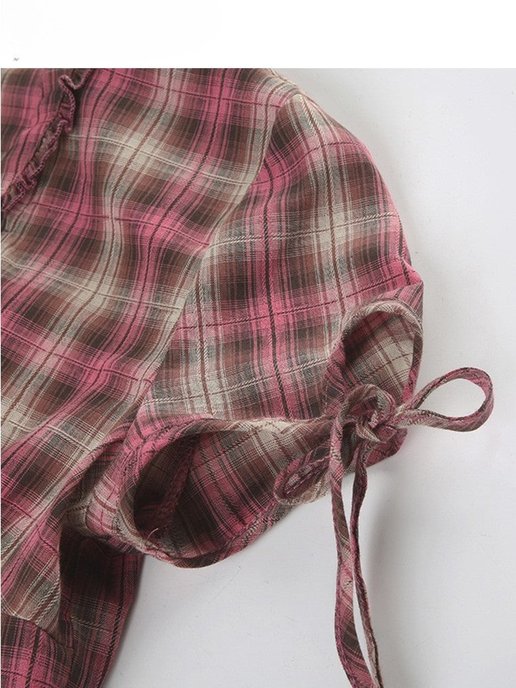 Plaid Sleeves Ruffles Trim Pattern Shirt V-neck Y2K Short RedBrown
