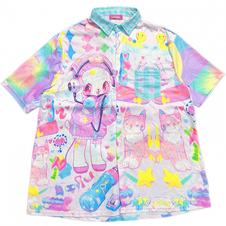 Kariertes blaues Hemd mit Cartoon-Print-Muster