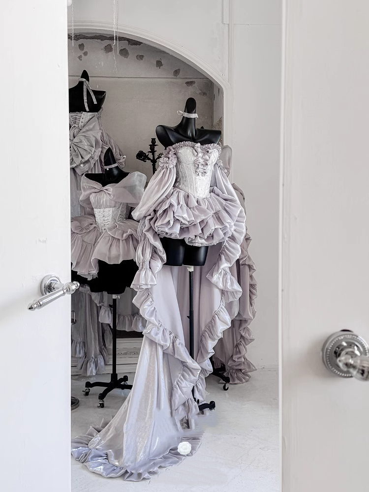 + Lace-up Balletcore Top Full Set Big Sleeves Skirt Train Bow Corset Silvery