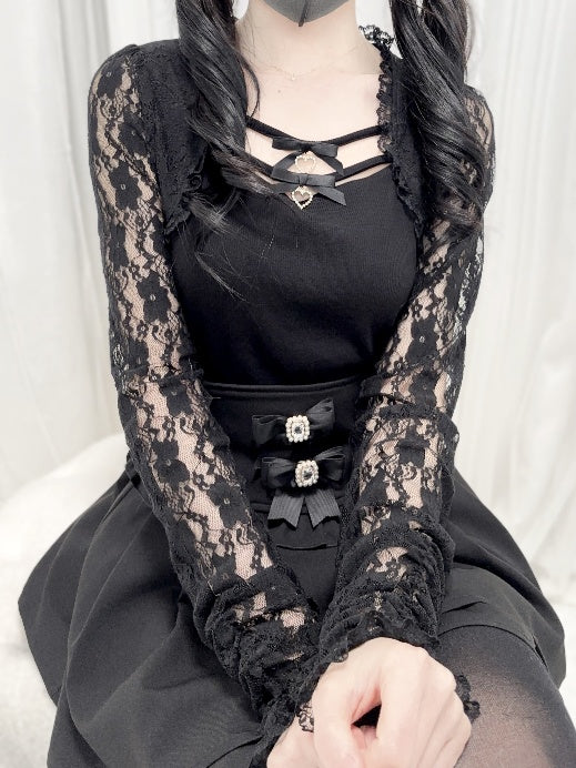 Jirai Kei Black/White Bowknots Neckline Lace Sleeves Top