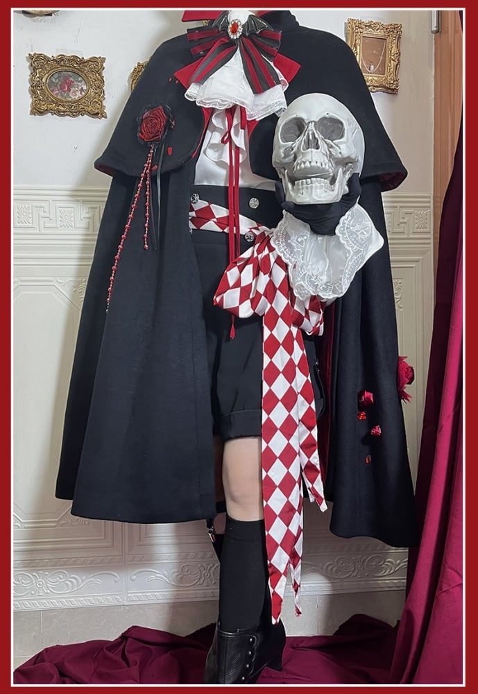 黒と赤の吸血鬼王子ロリータドラキュラ衣装シャツ+ショートパンツ+マントゴシックロリータフルセット