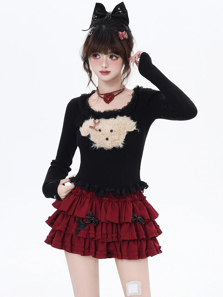 ホワイト/グレー/ブラックのぬいぐるみパピーアップリケレーストリムニットトップス