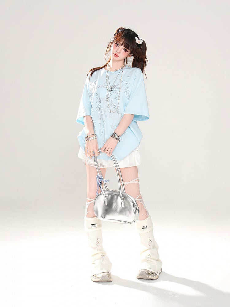 T-Shirt Loose Blue/White Key and Bowknot Print Lace Trim