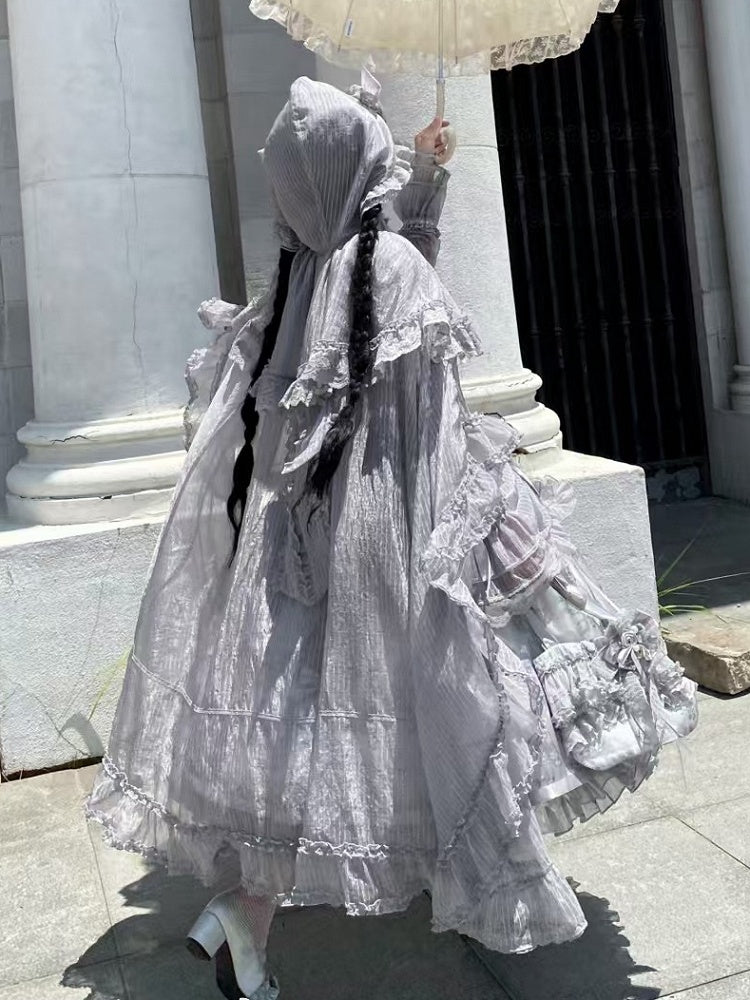 Cascading Gray Ruffle Silver Trimming Cloak