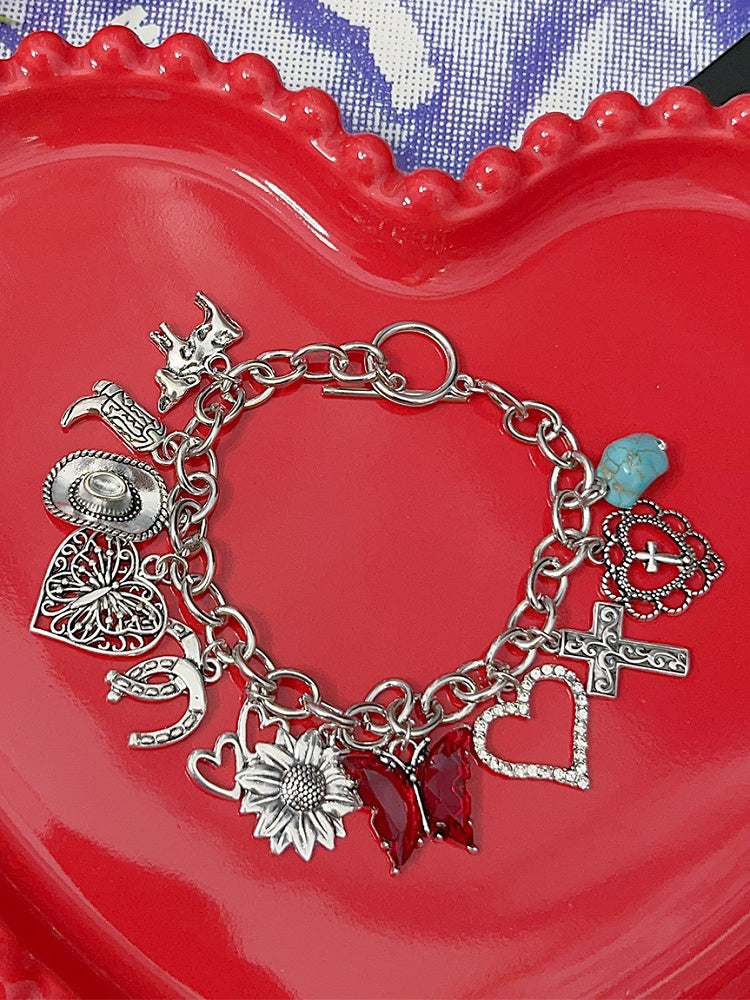 Bracelet Y2K Silver/Red And Butterfly Cross Heart Charm