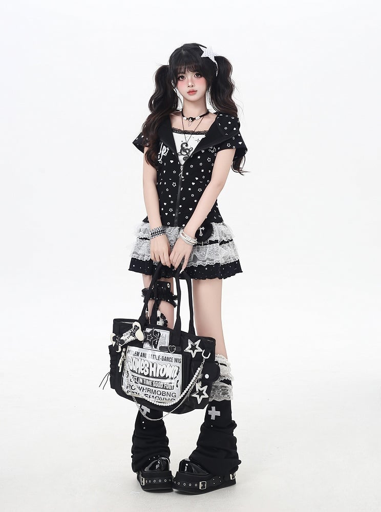 White/Black Y2K Star and Heart Print Zip-up Off Kitty Ears Hood Allover Jacket