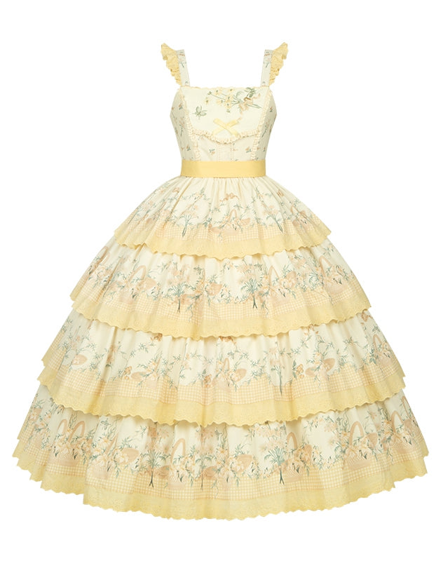 Lily Cherry – Gestuftes Blumenkleid, Lolita-Rock, Pullover, Gelb und klassischer Aufdruck