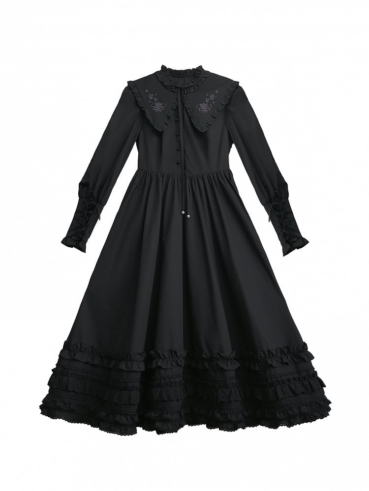 Blumenkragen, Vintage-Manschetten, Kleid mit Schnürärmeln, Hammelkeule mit schwarzer Stickerei