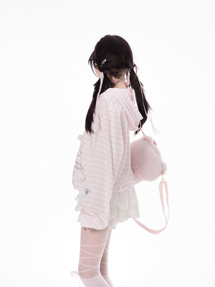 Pink Striped Hooded Jacket Closure Zip Pattern Y2K Autumn Print for