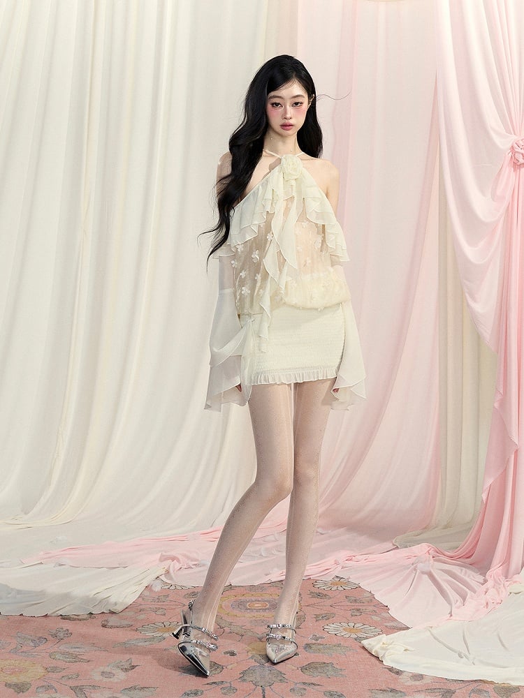 Cascading Ruffle Accents Mesh Top Sleeves Apricot Halter Neck Bell