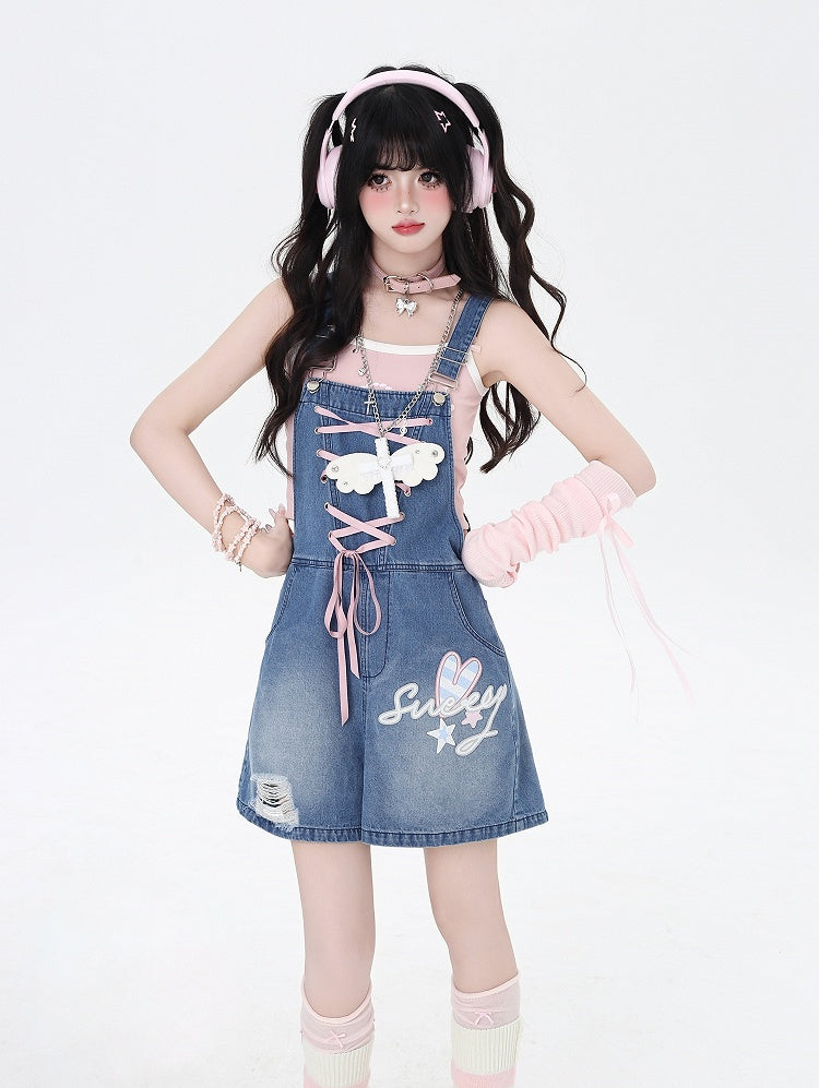 Blue Adorable Lace-up Back Bunny Ears Design Denim Overall Shorts