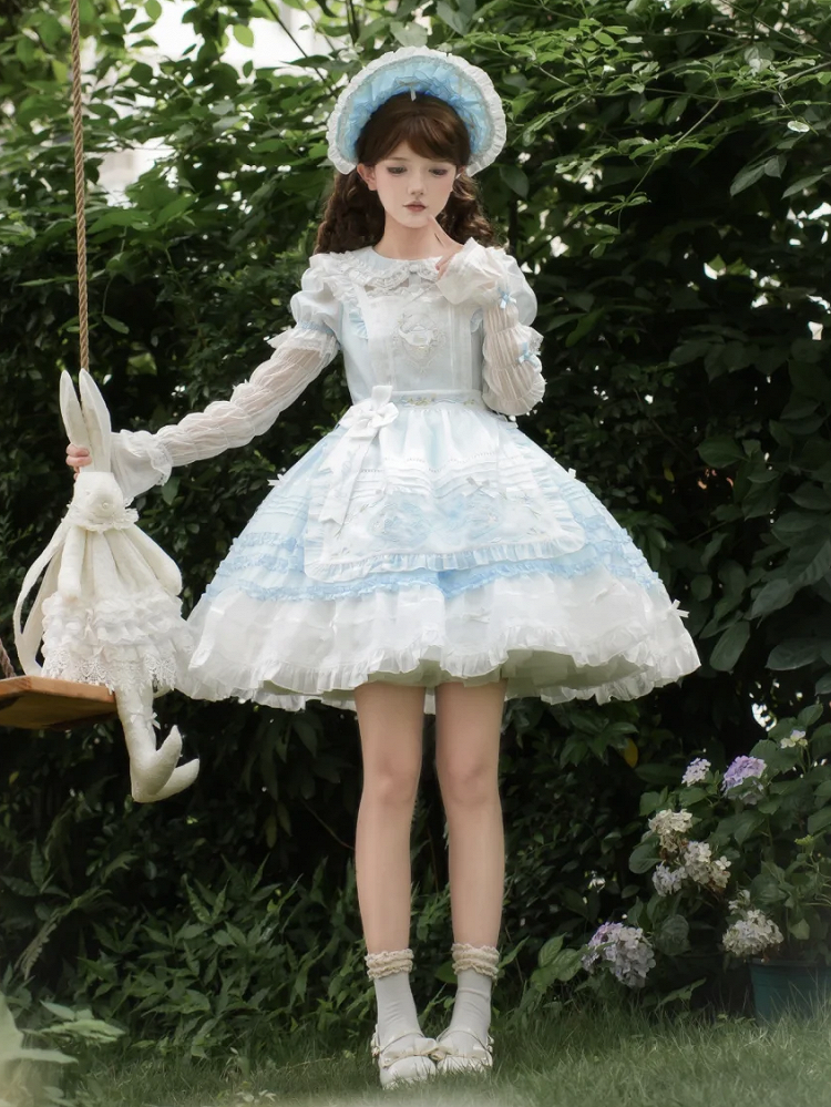 and Peter Collar Lolita Short Blue Pan Dress Sleeves White