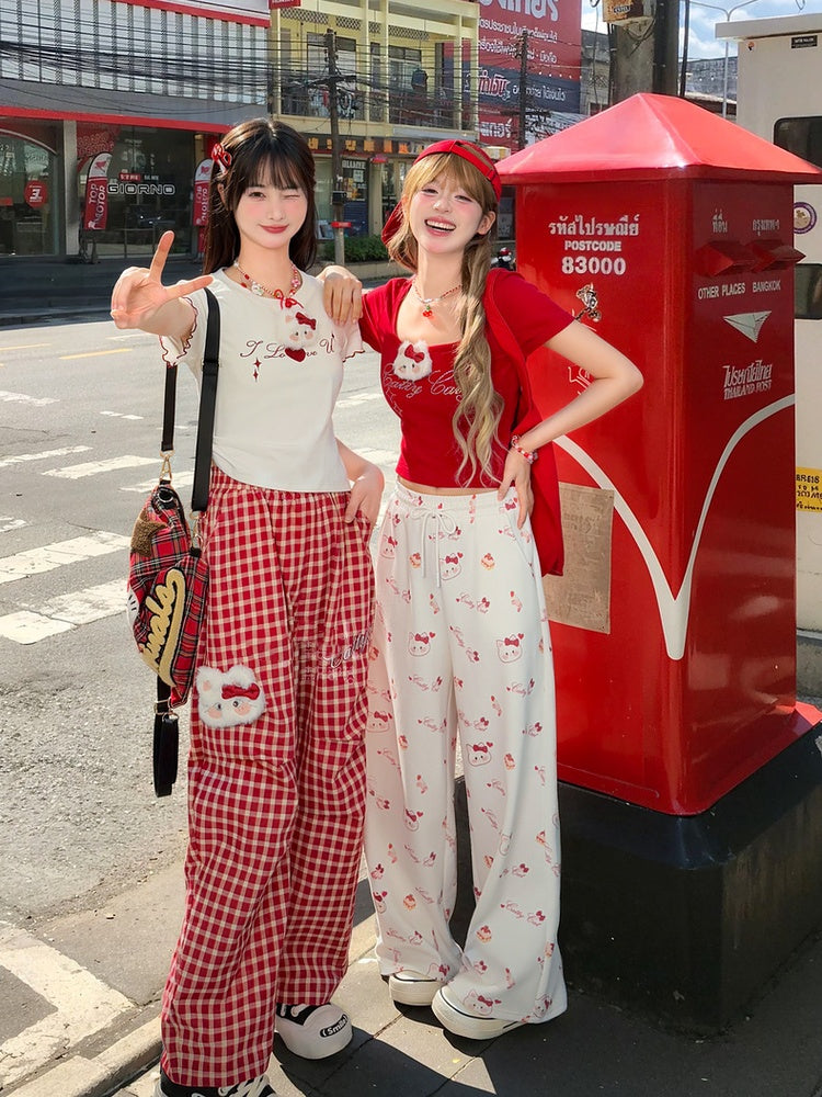 Pants with Kitty Plushie Red Plaid Elastic Waist Wide-Leg Casual