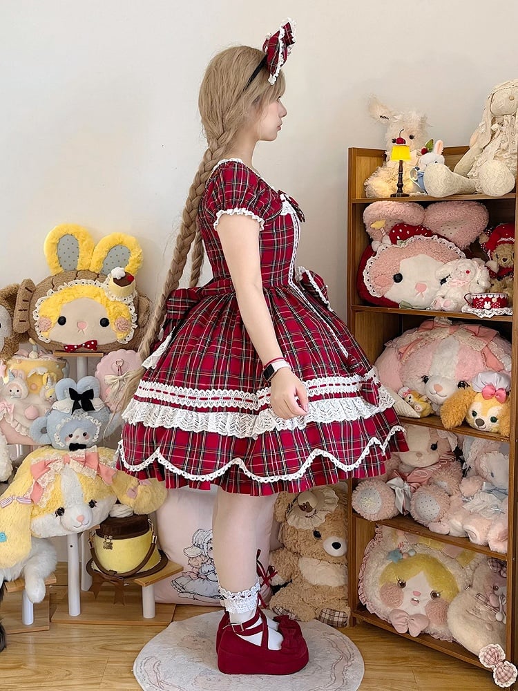 mit Lolita-Scalloped und Puff Trim Schleife Akzente süße Plaid Rand Ärmel rot