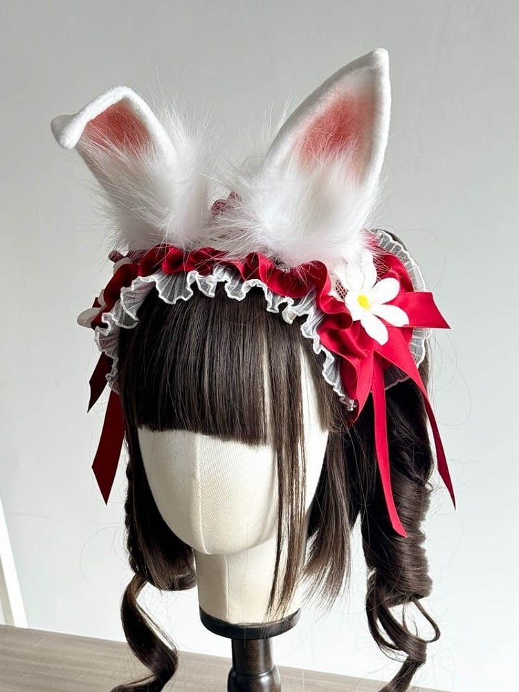 Pink Ears and Red/Pink/Black Rabbit Daisy with Hairband Decoration Lolita Lace
