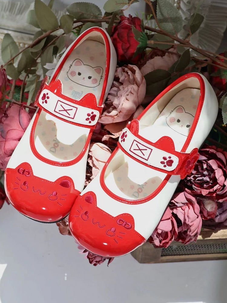 Lolita Design Ear Cat Toe Sweet with Velcro Stitching Red Flats Round Paw