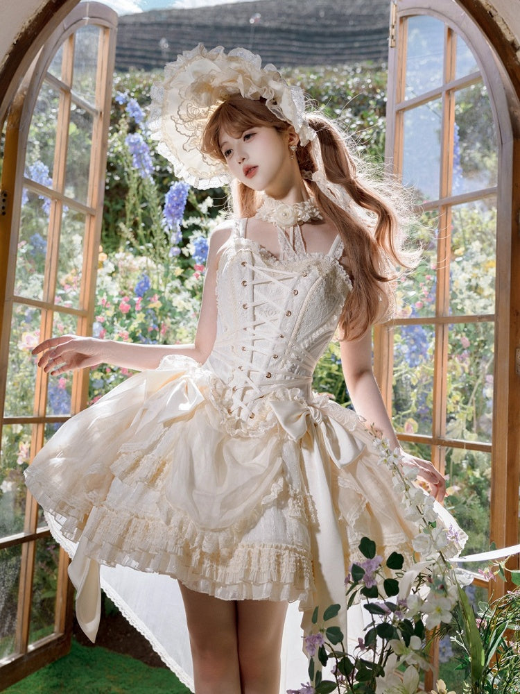 + Top Set Creamy Elegant Balletcore Skirt Lolita High-low Overlay Corset - Boned