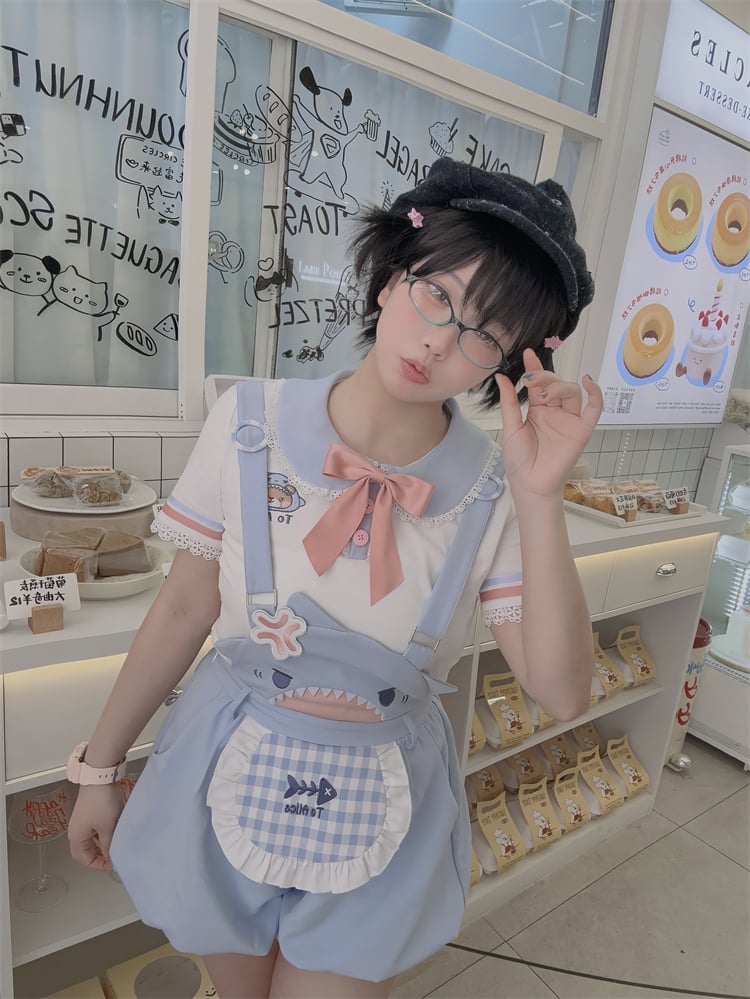 Shorts Bubble Shark Light Blue Apron Design Overalls