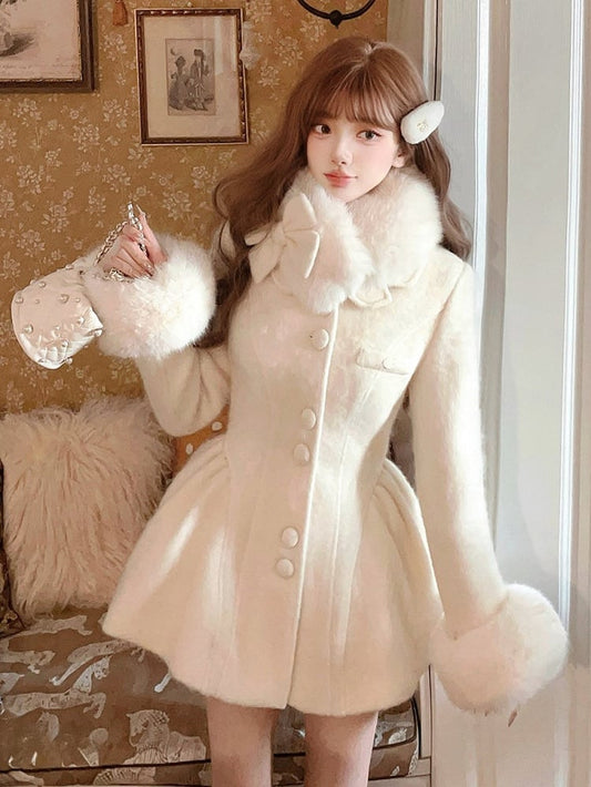 Bow Faux White Coat Fur Oversized Detachable With