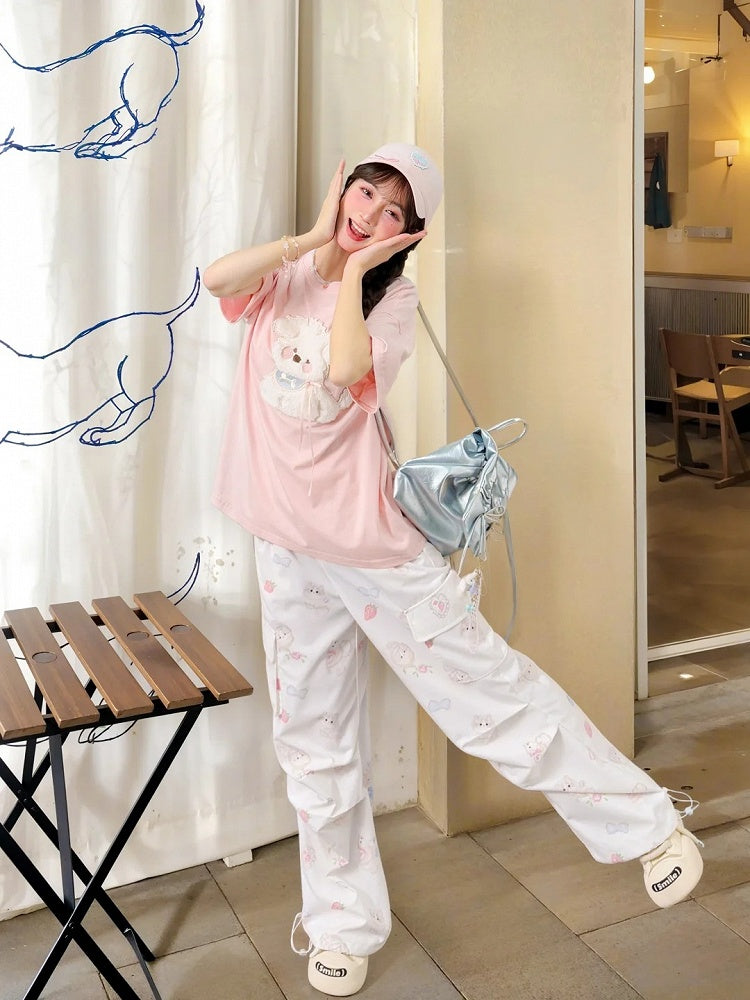 Kawaii Blue/Pink Plush Puppy Applique T-Shirt Yume