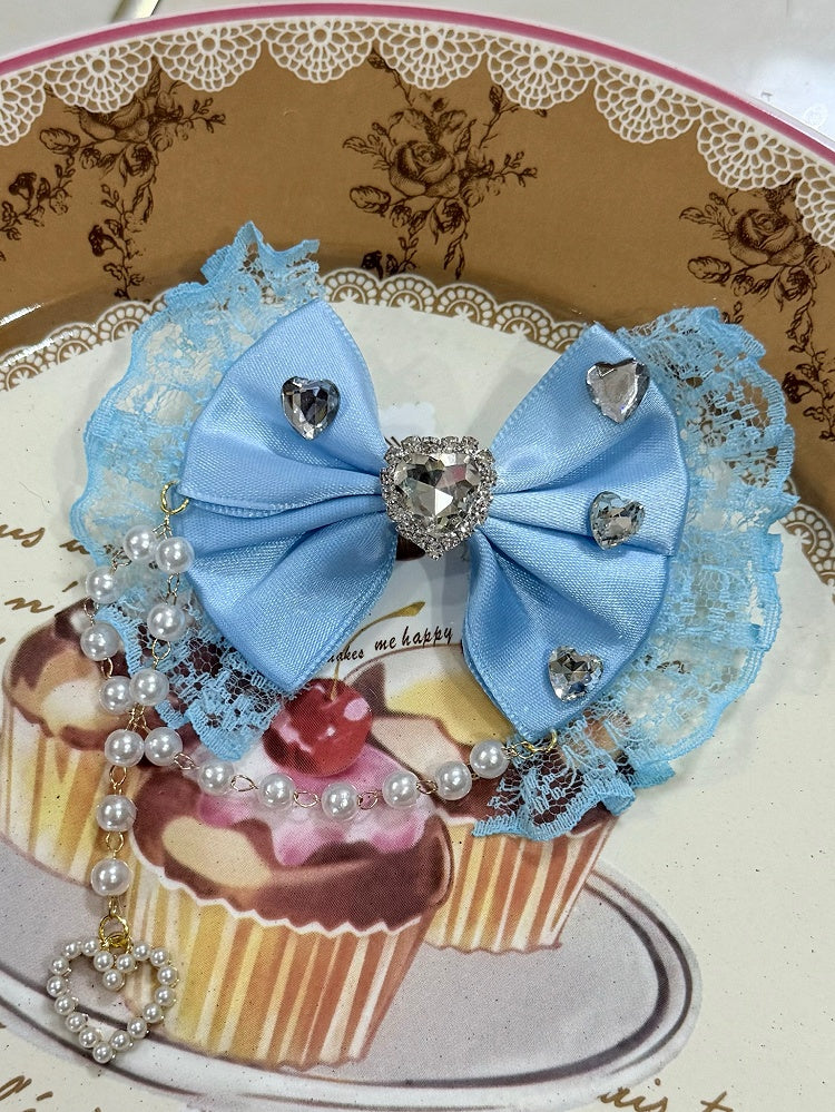 Heart Hairclip Decorated Bowknot Rhinestone Trim Charm Blue Beaded Lace