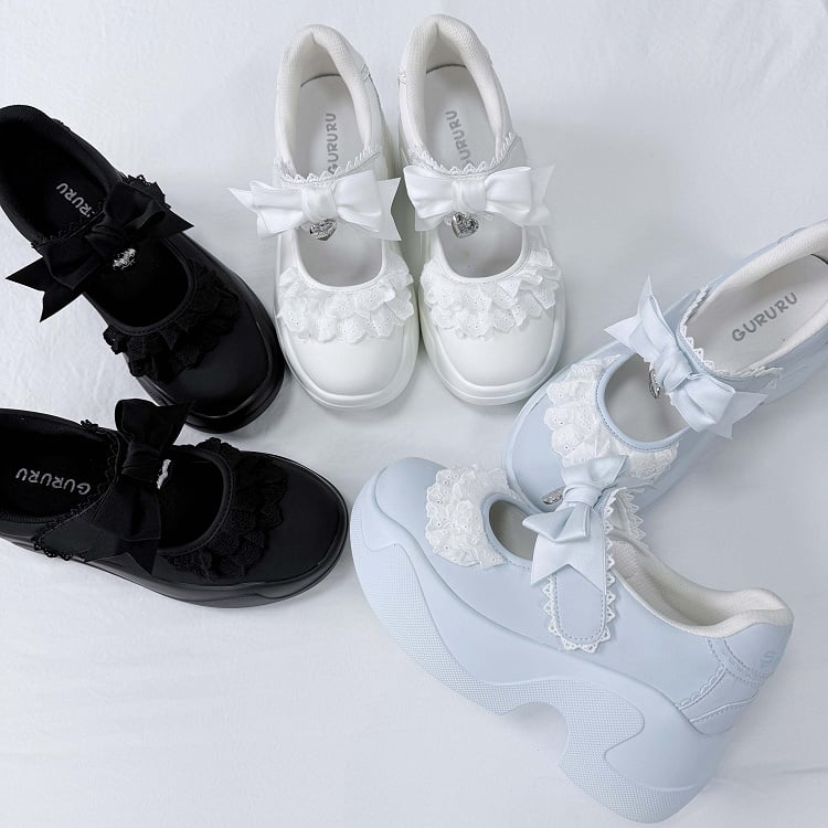 White Jirai Kei Velcro Platforms Lace Trim Bowknot Closures Strap