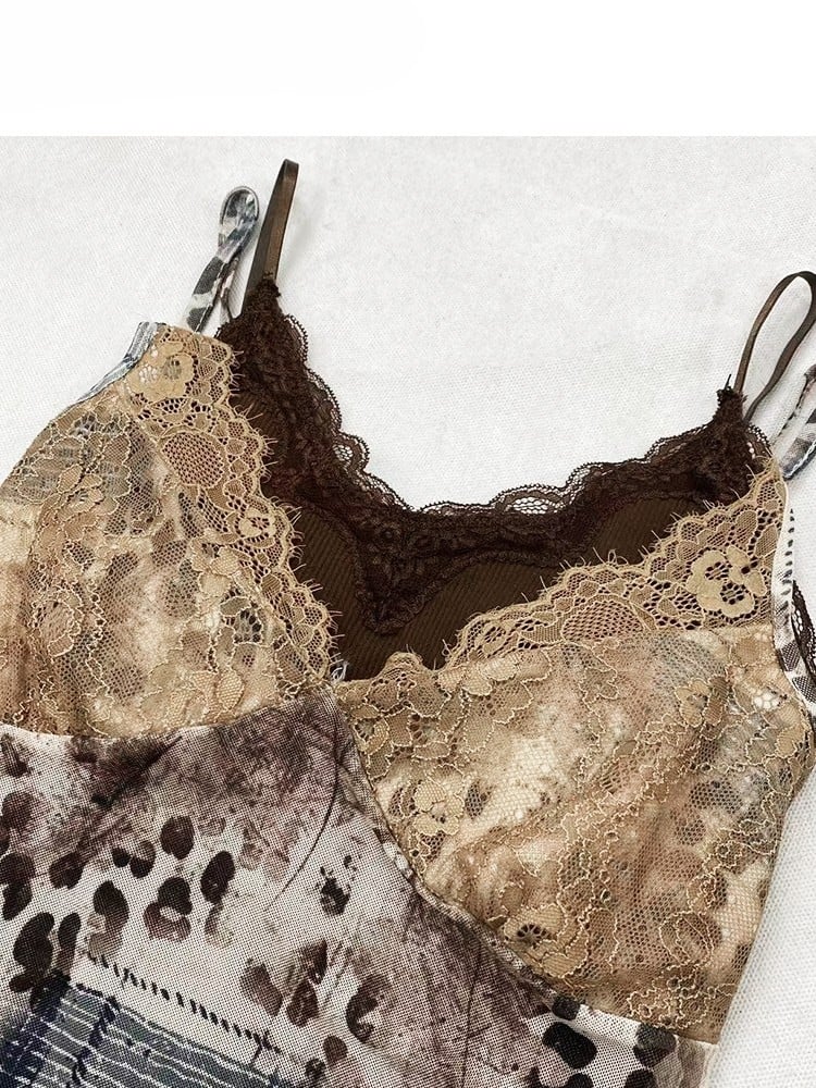 Trim Leopard Pattern Cami Top Y2K V-neck Patches + Contrast Brown Lace