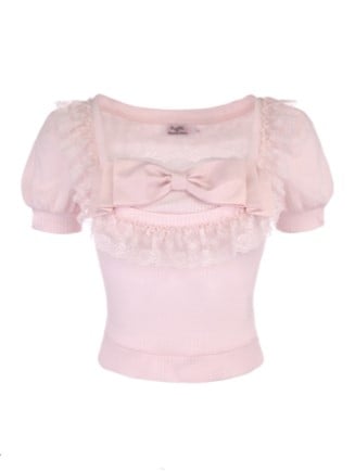 Pink With Sleeve Top Bow Lace Puff Trim Playful Slim-Fit