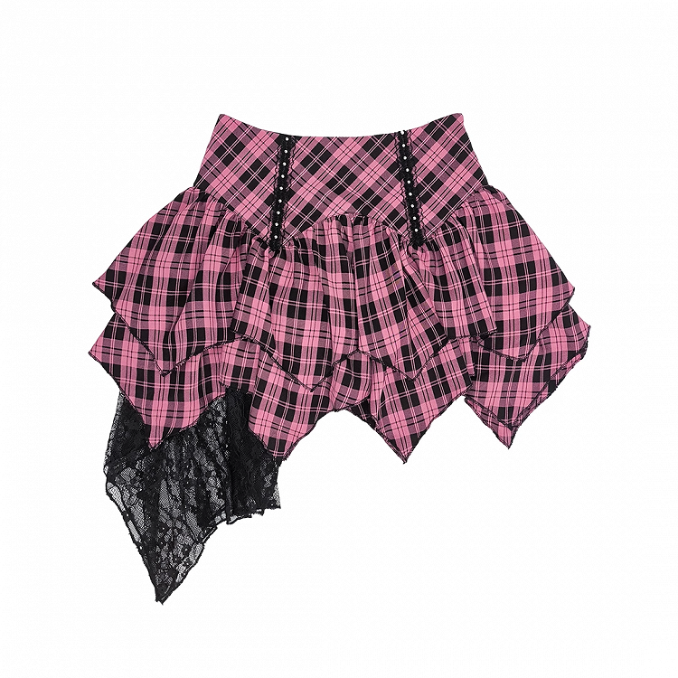 Waist Pink Plaid Handkerchief Hem Tiered Skirt High and Black
