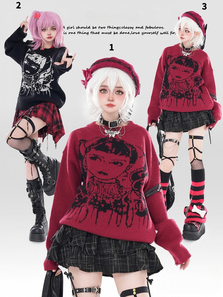 Wine Red/Black Y2K Girl Pattern Sweater with Free Choker