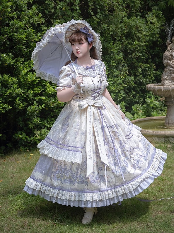 Available Dress Plus Sizes Print Short Lolita Sleeves and Floral Classic Purple Embroidery