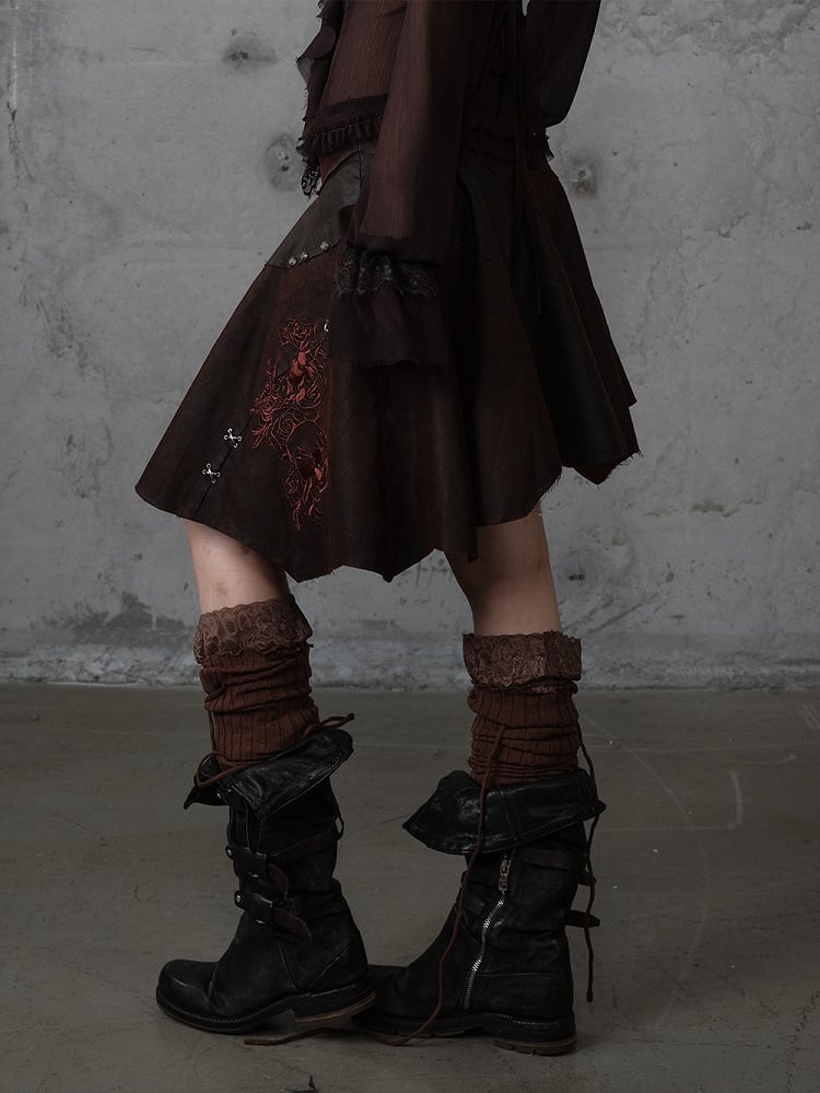 Asymmetrical Skirt Punk Reddish with Embroidery Wasteland Hem Brown Floral Suede